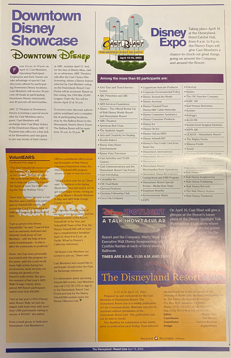 Disneyland Line April 15, 2003 Vol 35 No 16 Cast Member Newspaper – The ...