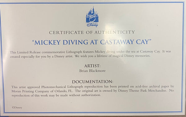 Disney Mickey Diving At Castaway Cay Framed Print By Brian Blackmore W/COA DCL