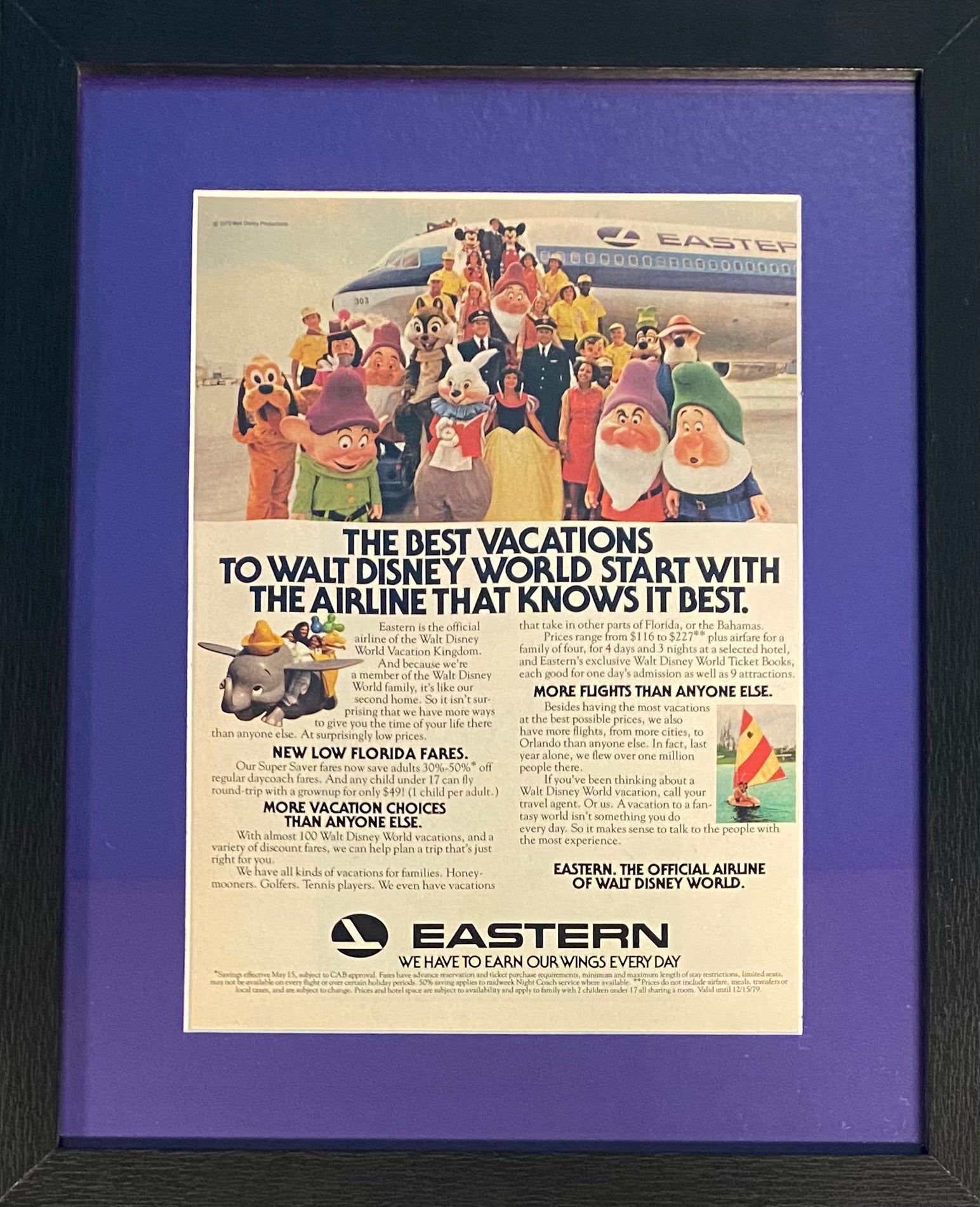 Vintage 1979 Walt Disney World Eastern Airline Framed Ad 14 x 11