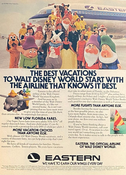 Vintage 1979 Walt Disney World Eastern Airline Framed Ad 14 x 11