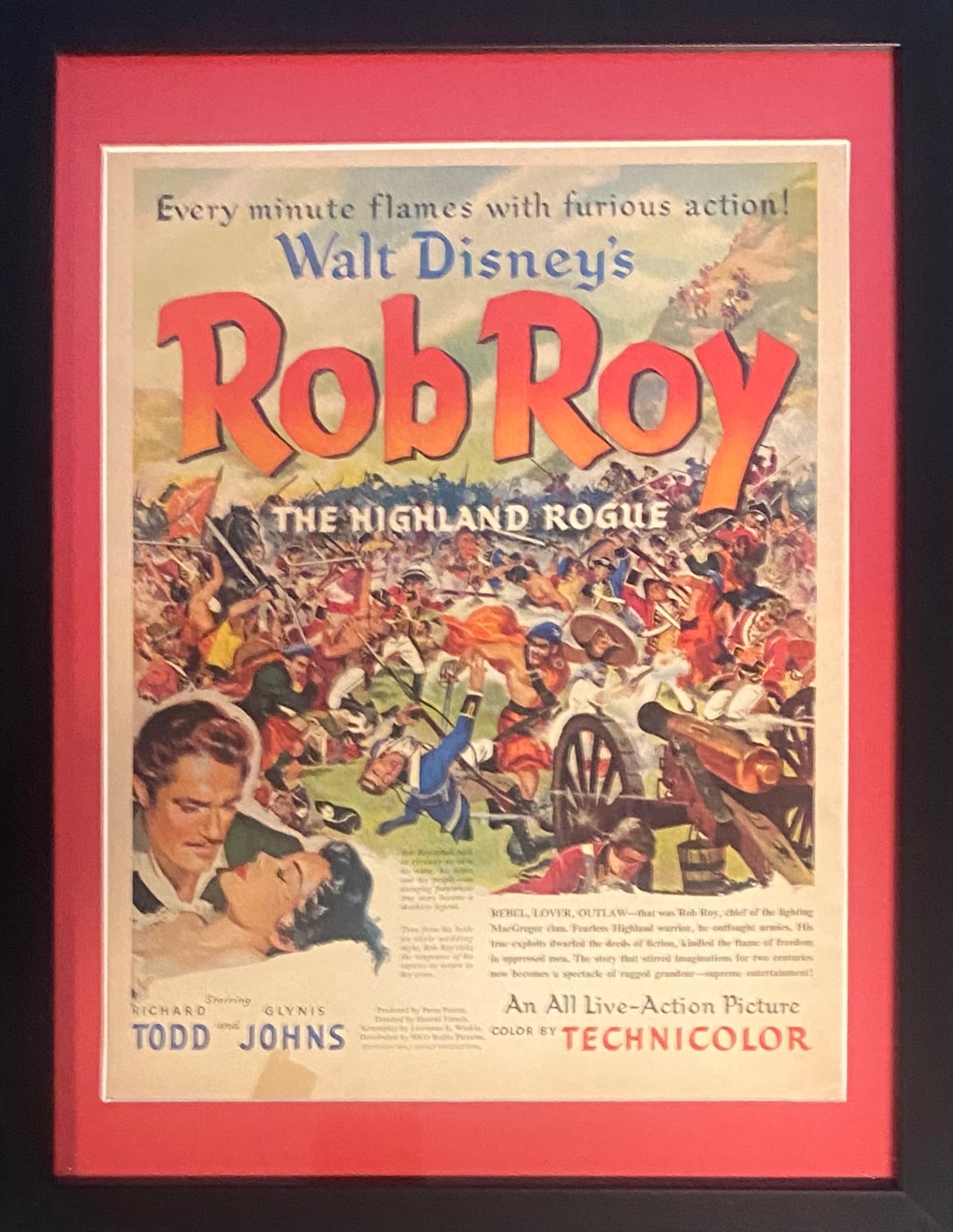 Vintage 1954 Walt Disney's Rob Roy Movie Framed Magazine Ad 16 x 12