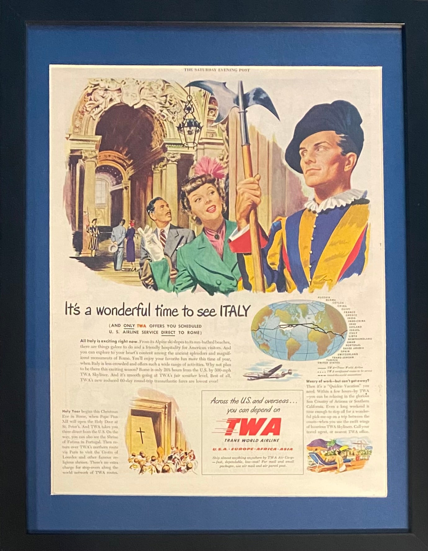 Vintage 1949 TWA Visiting Italy Saturday Evening Post Framed Magazine Ad 16x12