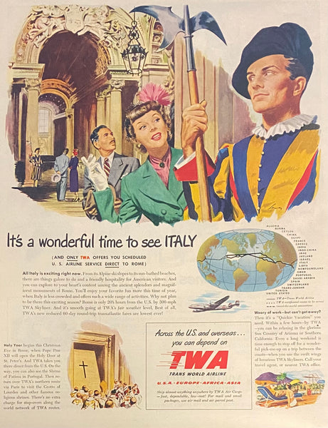 Vintage 1949 TWA Visiting Italy Saturday Evening Post Framed Magazine Ad 16x12