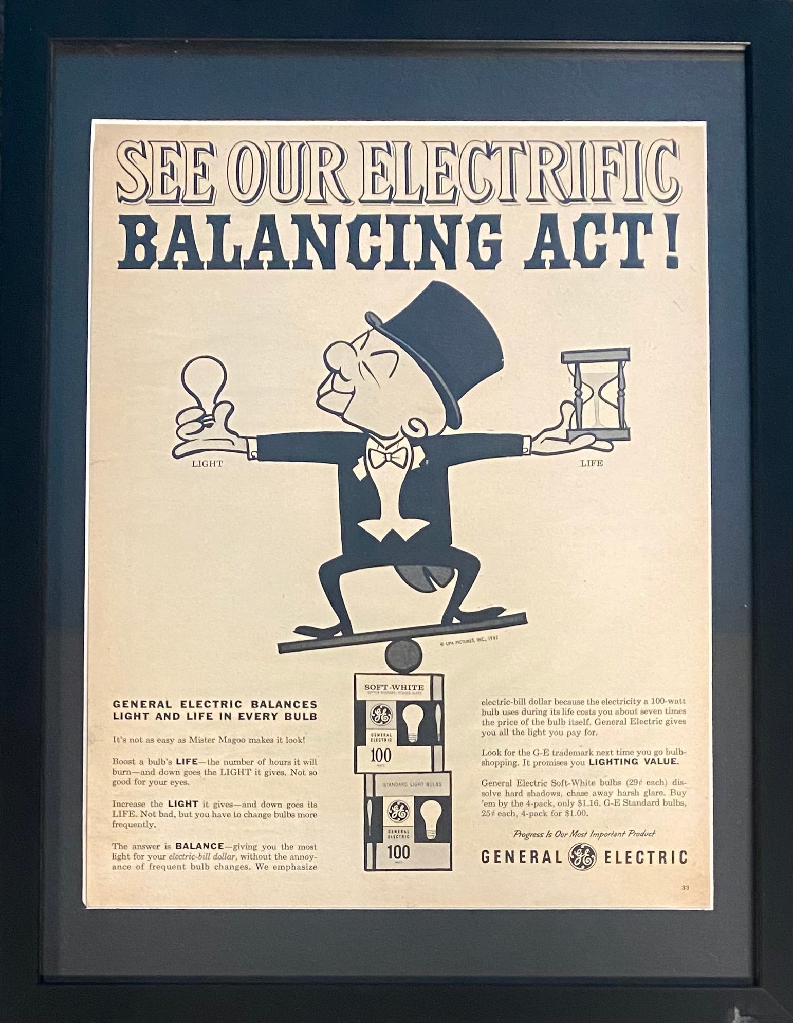 Vintage 1962 UPA Mr. Magoo General Electric Framed Magazine Ad 16x12