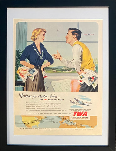 Vintage 1952 TWA Airlines Travel Framed Magazine Ad 16x12