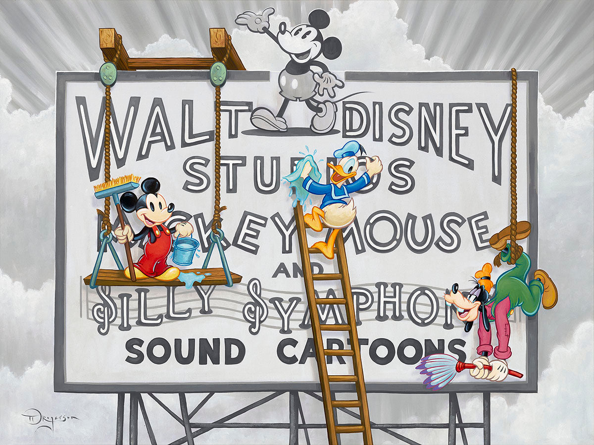 Studio Sign Cleaners by Tim Rogerson Limited Edition On Canvas featuring Mickey, Donald, and Goofy