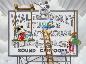 Studio Sign Cleaners by Tim Rogerson Limited Edition On Canvas featuring Mickey, Donald, and Goofy