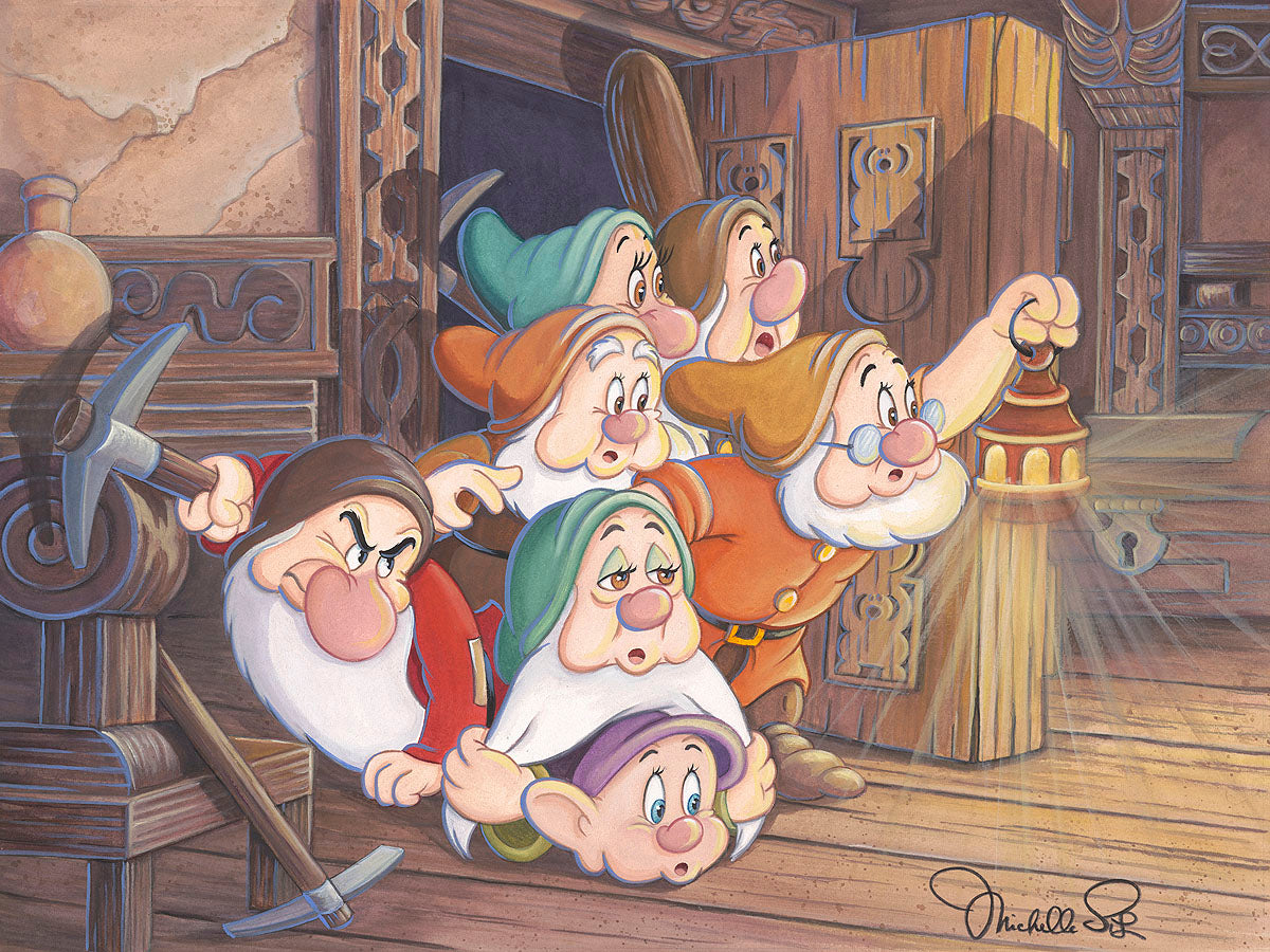 Intruder In The Cottage By Michelle St. Laurent Limited Edition On Canvas inspired by Snow White and the Seven Dwarfs